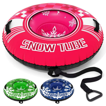 Red inflatable snow tube set with tow strap and two smaller tubes