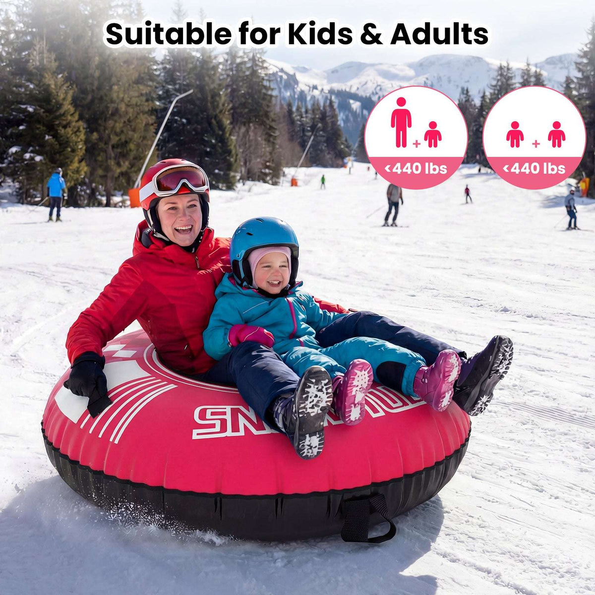 Red snow tube with white striping, black grab handles