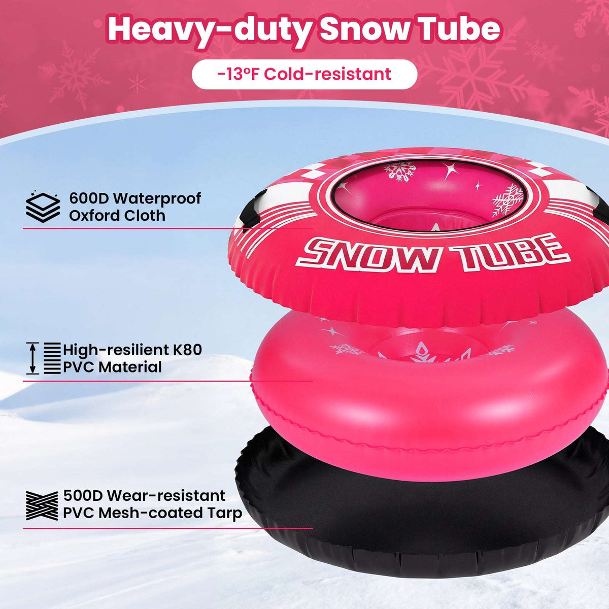 Red snow tube with white Snow Tube logo and black bottom