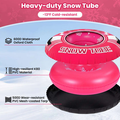 Red snow tube with white Snow Tube logo and black bottom