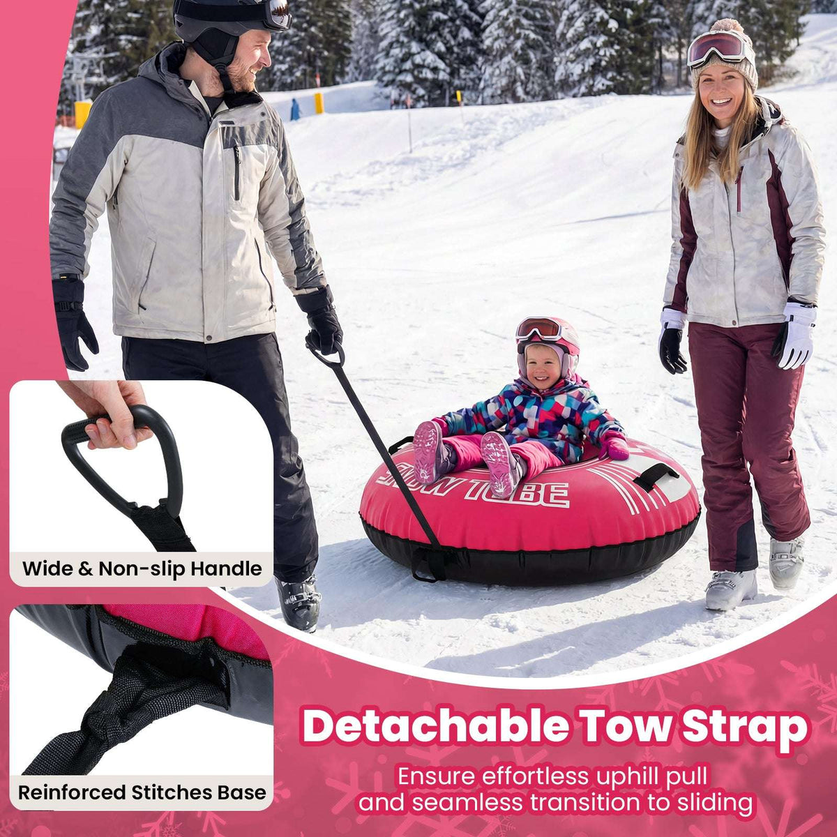 42-inch heavy-duty inflatable snow tube in pink with detachable tow strap