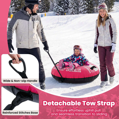 42-inch heavy-duty inflatable snow tube in pink with detachable tow strap