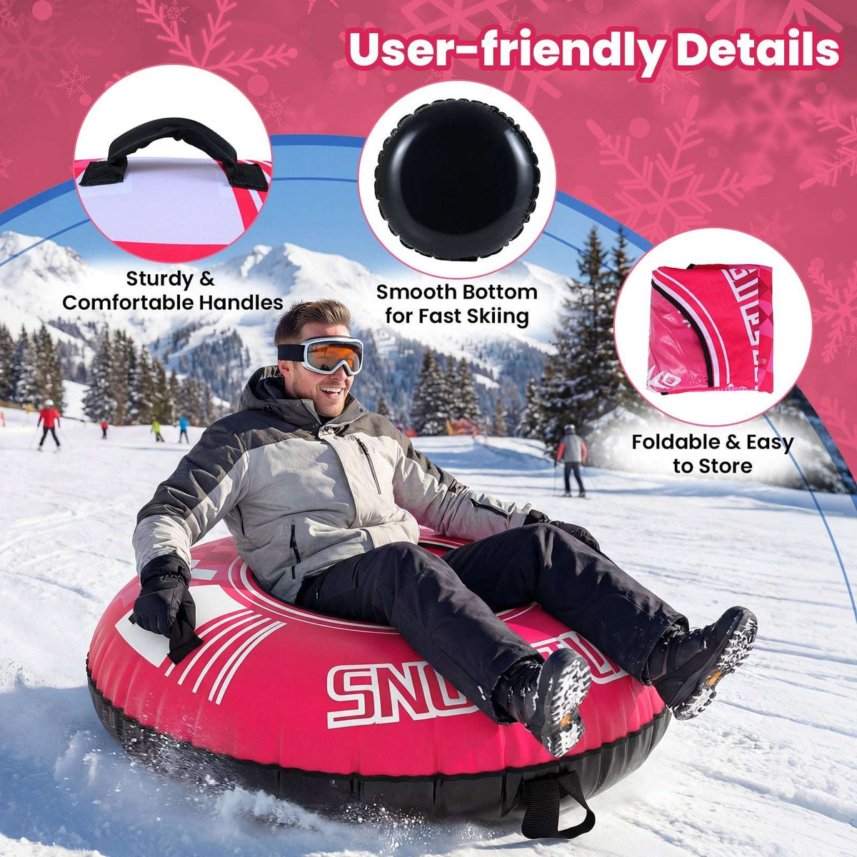 Pink snow tube with black grab handles and folded tow strap
