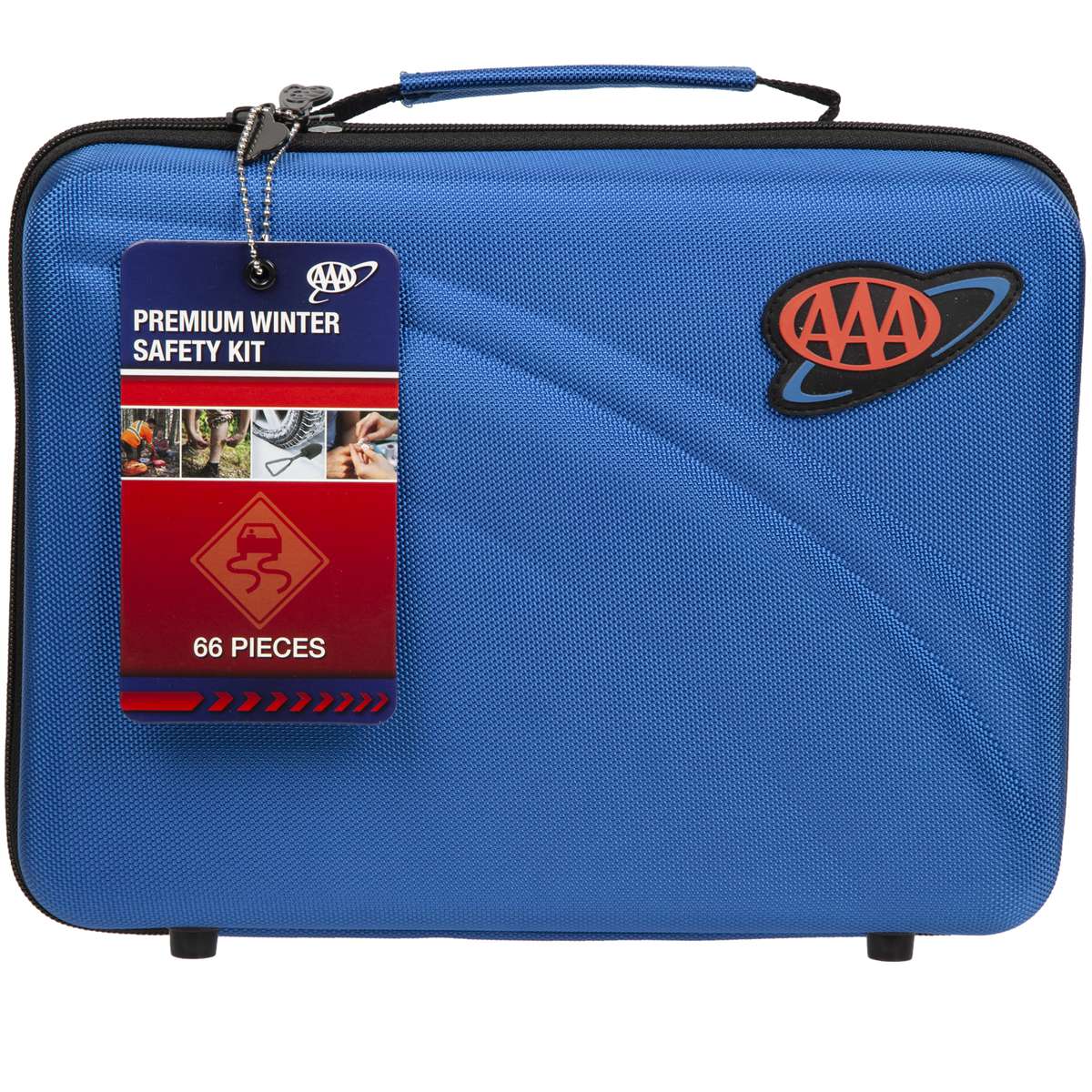 AAA emergency road safety kit case, blue zippered carry bag with AAA logo