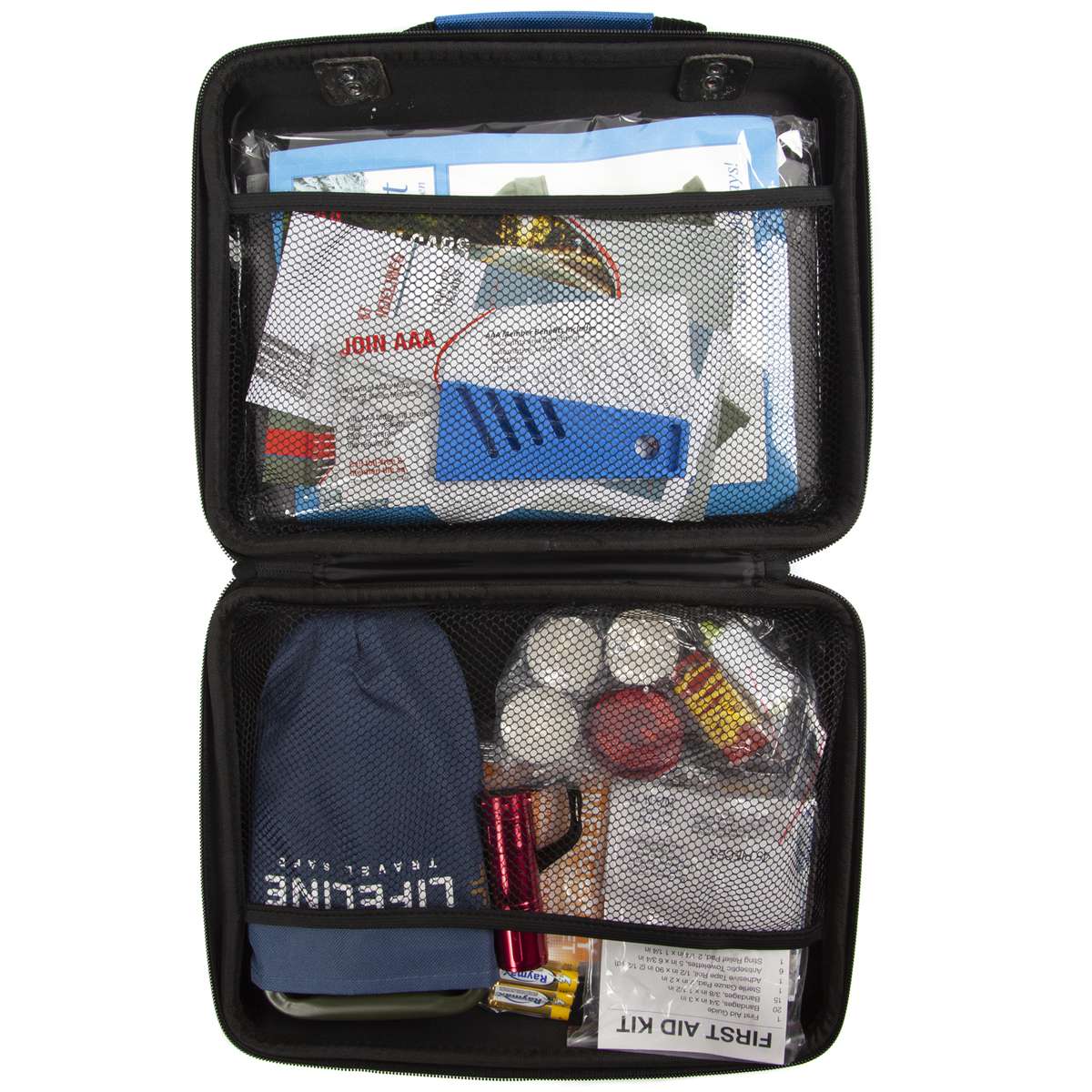 AAA emergency kit open case with mesh compartments and supplies inside