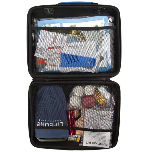 AAA emergency kit open case with mesh compartments and supplies inside