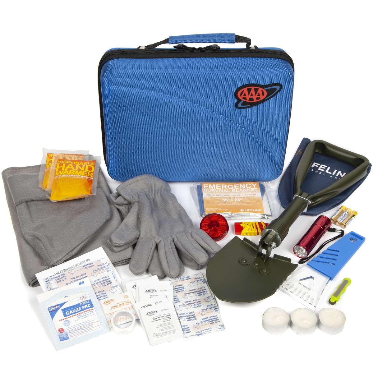 AAA 65-piece emergency road kit with blue case, gloves, tools, and supplies