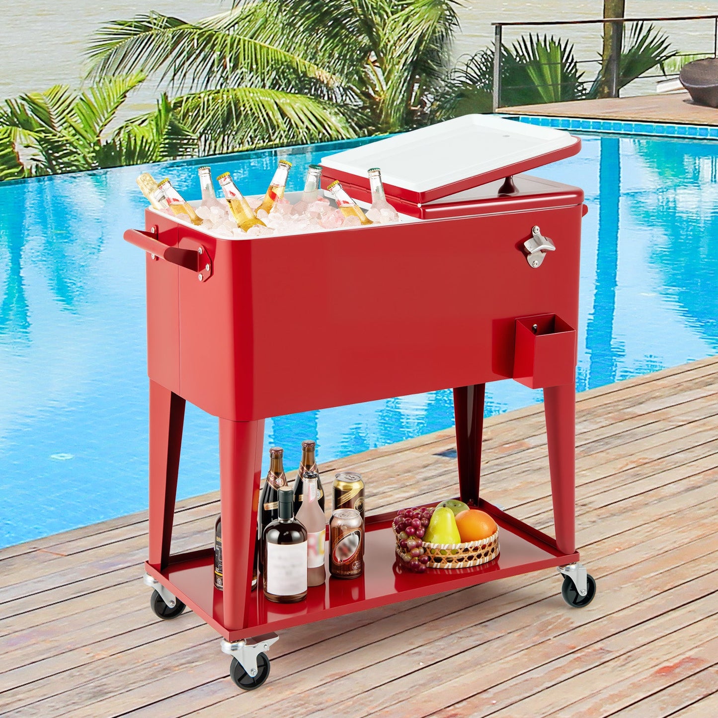 Portable Patio Cooler | 80 Qt | 48-Hour Cold Retention | Wheels, Shelf & Bottle Opener | Gray or Red