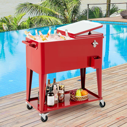 Portable Patio Cooler | 80 Qt | 48-Hour Cold Retention | Wheels, Shelf & Bottle Opener | Gray or Red