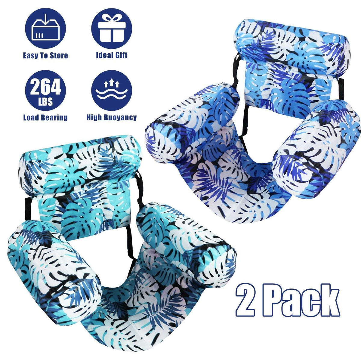 Two-pack inflatable pool hammock floats, light and dark blue leaf pattern, PVC lounger