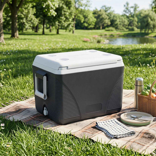 Black portable hard cooler with white lid, side handle, cup holders