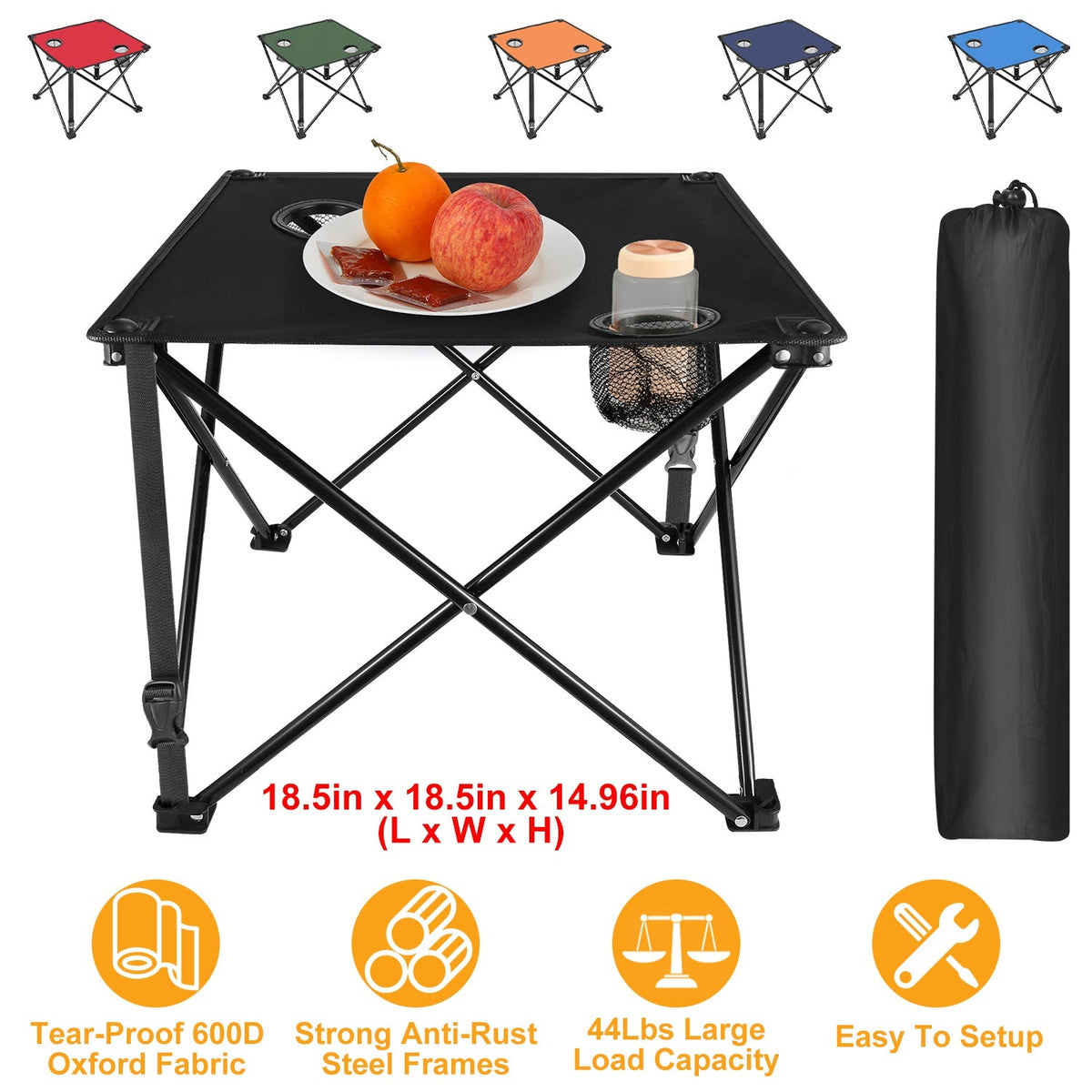 LakeForest Folding Camping Table with 2 Cup Holders – 600D Oxford, 44 lb Capacity | 18.5"x18.5" | 2.2 lbs | 1-Pc & 2-Pc Sets
