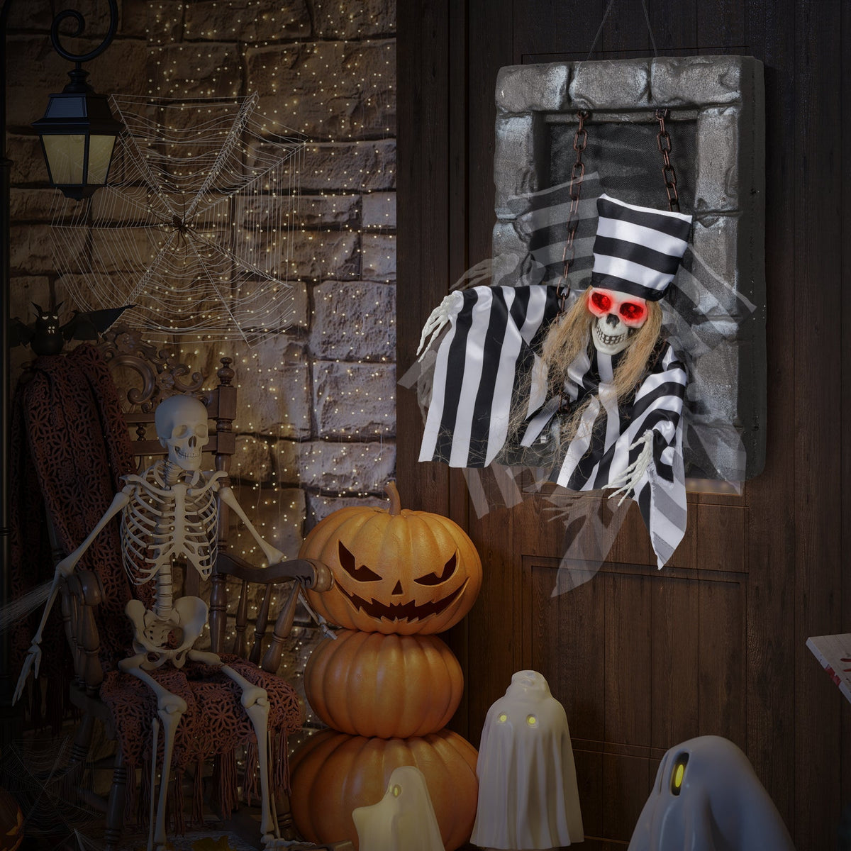 18-Inch Animated Hanging Skull Prisoner Halloween Decoration