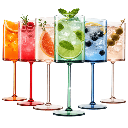 Stemmed square acrylic wine glasses set of 6 in assorted colors with drinks and ice