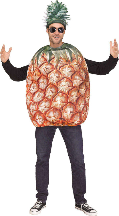 Orange pineapple-print tunic with spiky green leaf hat, worn with black pants