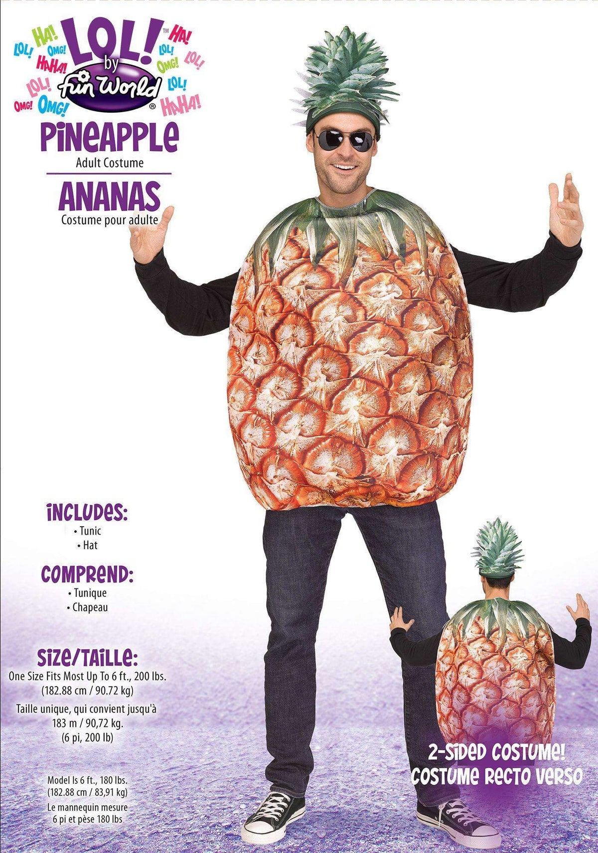 Pineapple adult costume tunic and hat set with orange pineapple-print tunic and green hat