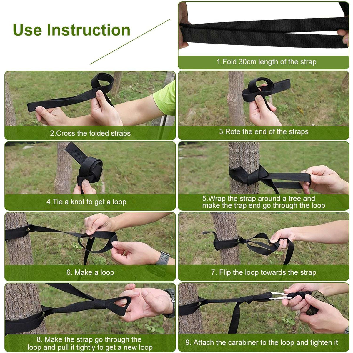 Hammock suspension straps and carabiner with numbered setup instructions