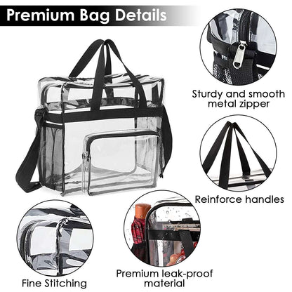 Clear PVC crossbody tote bag with metal zipper and reinforced handles