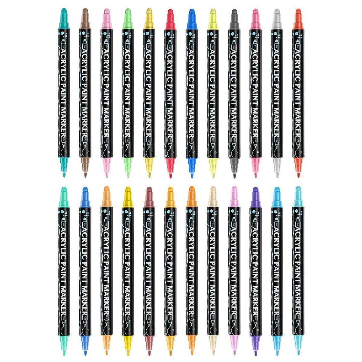 Acrylic paint marker set with dual tips, 24 pens arranged by color