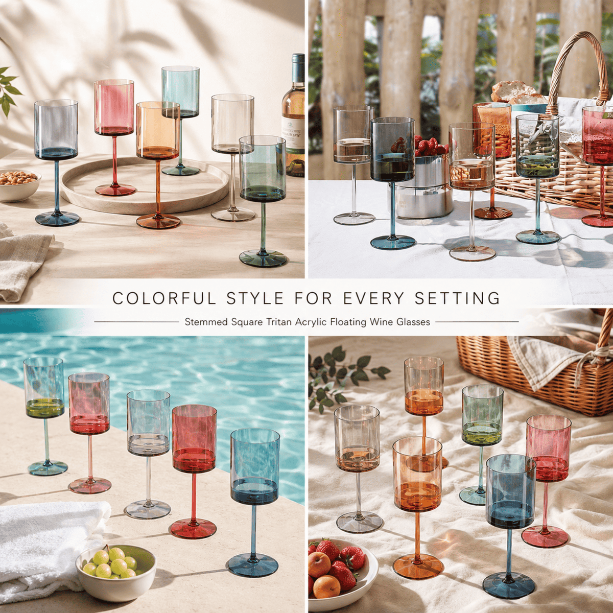 Stemmed square tritan acrylic wine glasses set shown on table in mixed colors