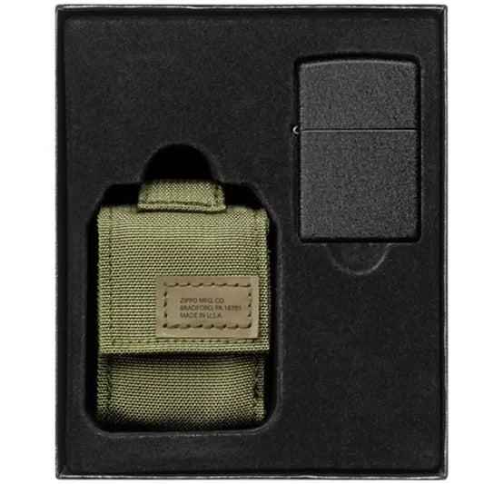 Zippo black crackle lighter with olive modular pouch in black display box