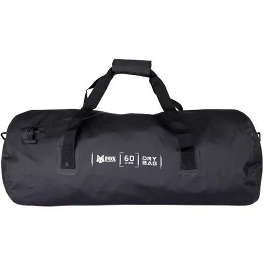Black waterproof duffle bag with front logo patch, end zip pockets, and top handles