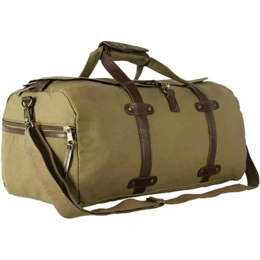 Olive canvas weekender duffel with brown leather-style trim, zip pocket, and shoulder straps
