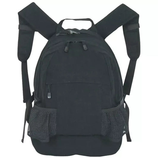 Black backpack with two front buckled straps and mesh side pockets