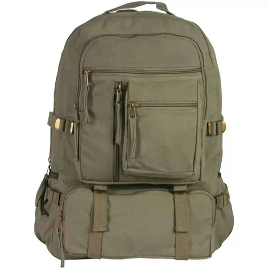 Olive drab canvas rucksack with front organizer panel and multiple zip compartments