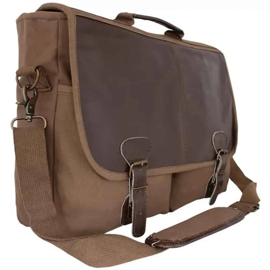 Olive brown canvas briefcase with leather trim, front flap and D-ring hardware
