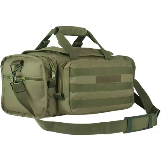 Olive drab modular equipment bag with crossbody strap, front zipper pockets, MOLLE panel