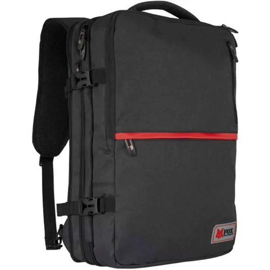 Slate grey hybrid travel pack with red zip pocket, front straps, and logo patch