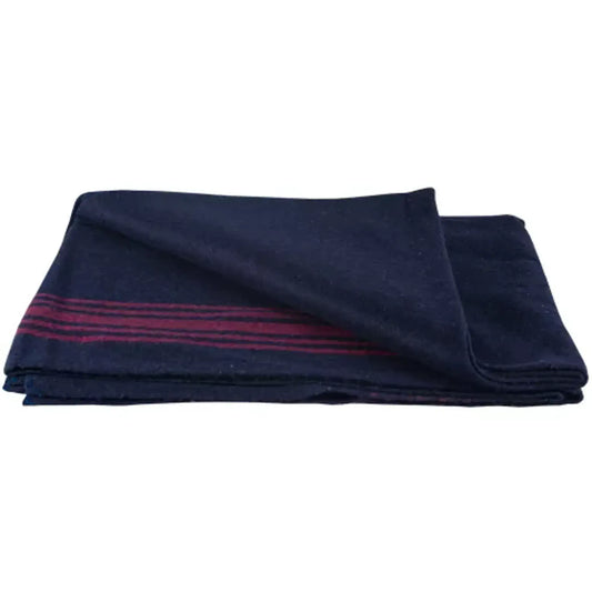 Navy wool blanket with red horizontal stripes, neatly folded with layered fabric edges.