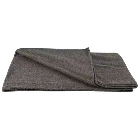 Folded grey wool throw blanket with stitched border detail