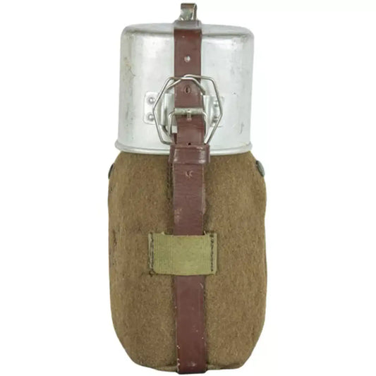 Romanian aluminum canteen with brown felt sleeve, metal spigot, wire clamp, strap