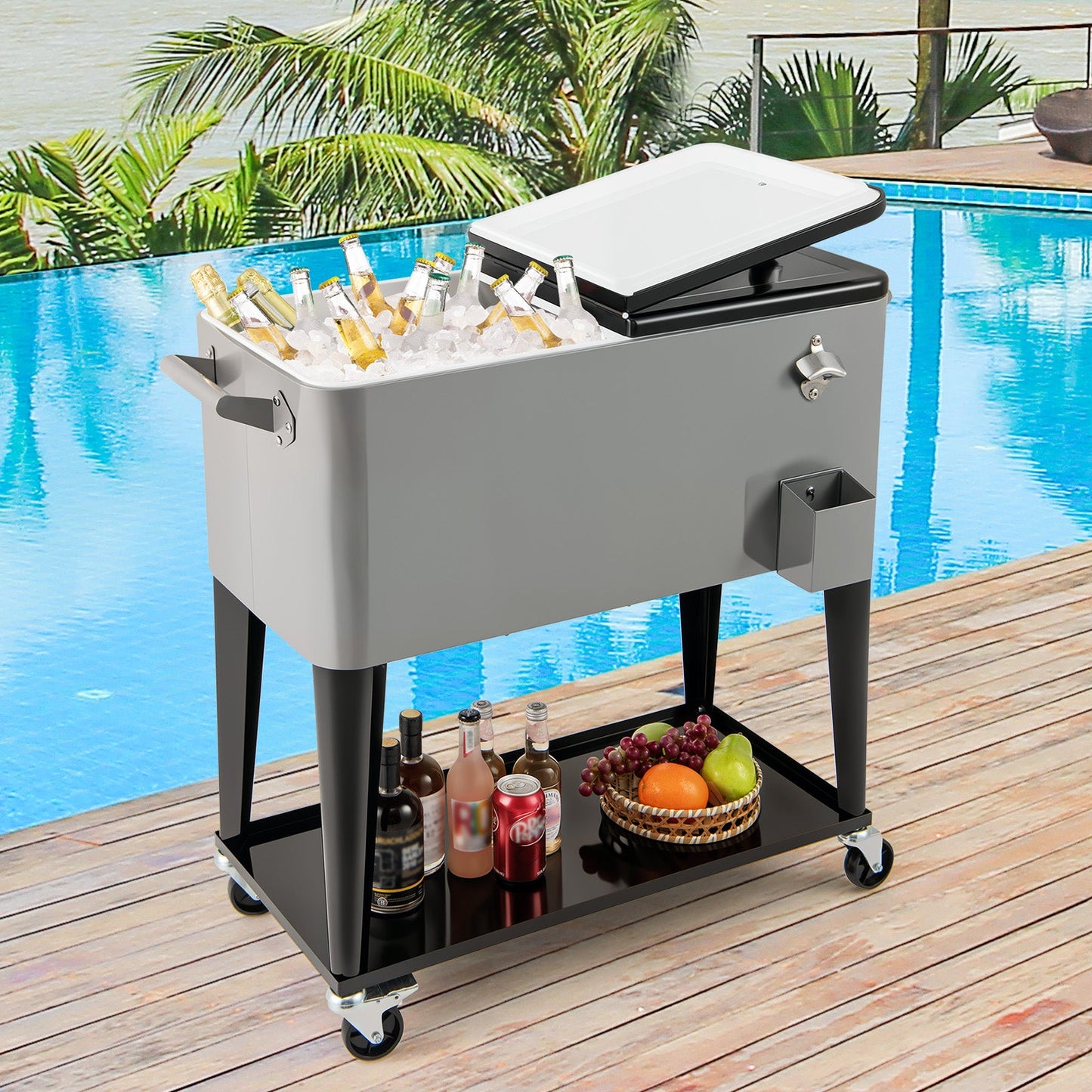 Portable Patio Cooler | 80 Qt | 48-Hour Cold Retention | Wheels, Shelf & Bottle Opener | Gray or Red