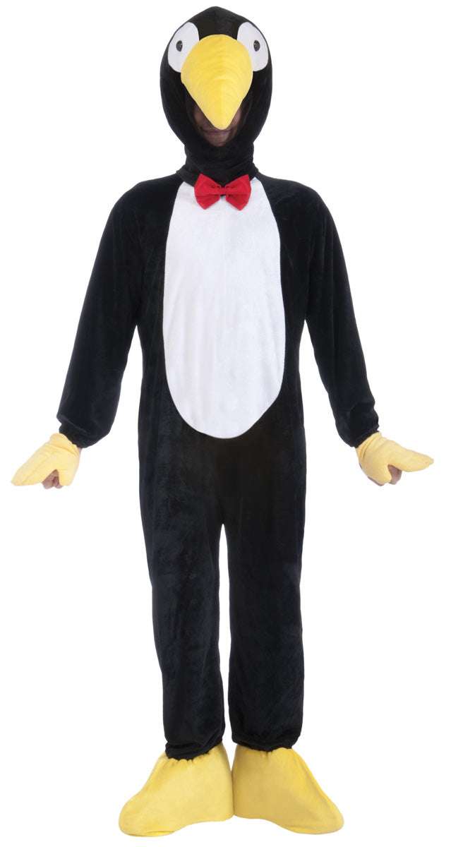 Penguin mascot adult costume with black hood, white belly panel, red bow tie, yellow feet