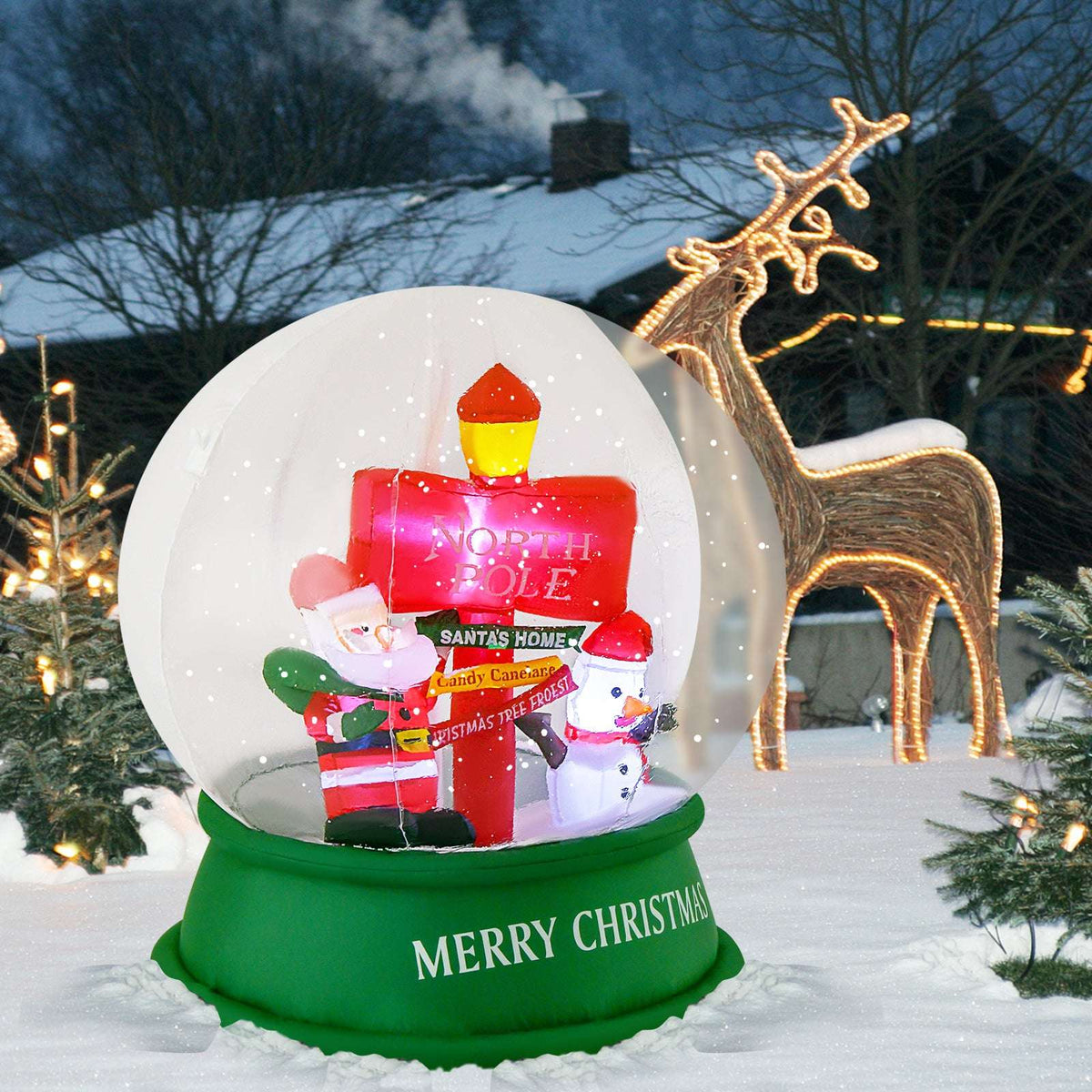 Inflatable Christmas snow globe with Santa, snowman, and North Pole sign