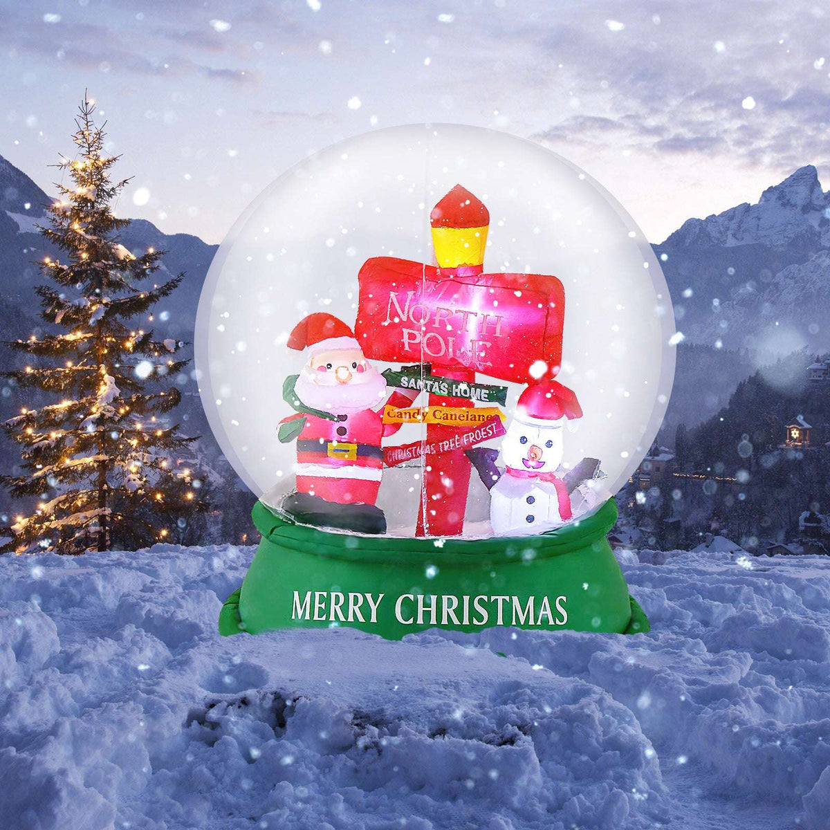 Inflatable Christmas snow globe with Santa and snowman inside a snowy dome