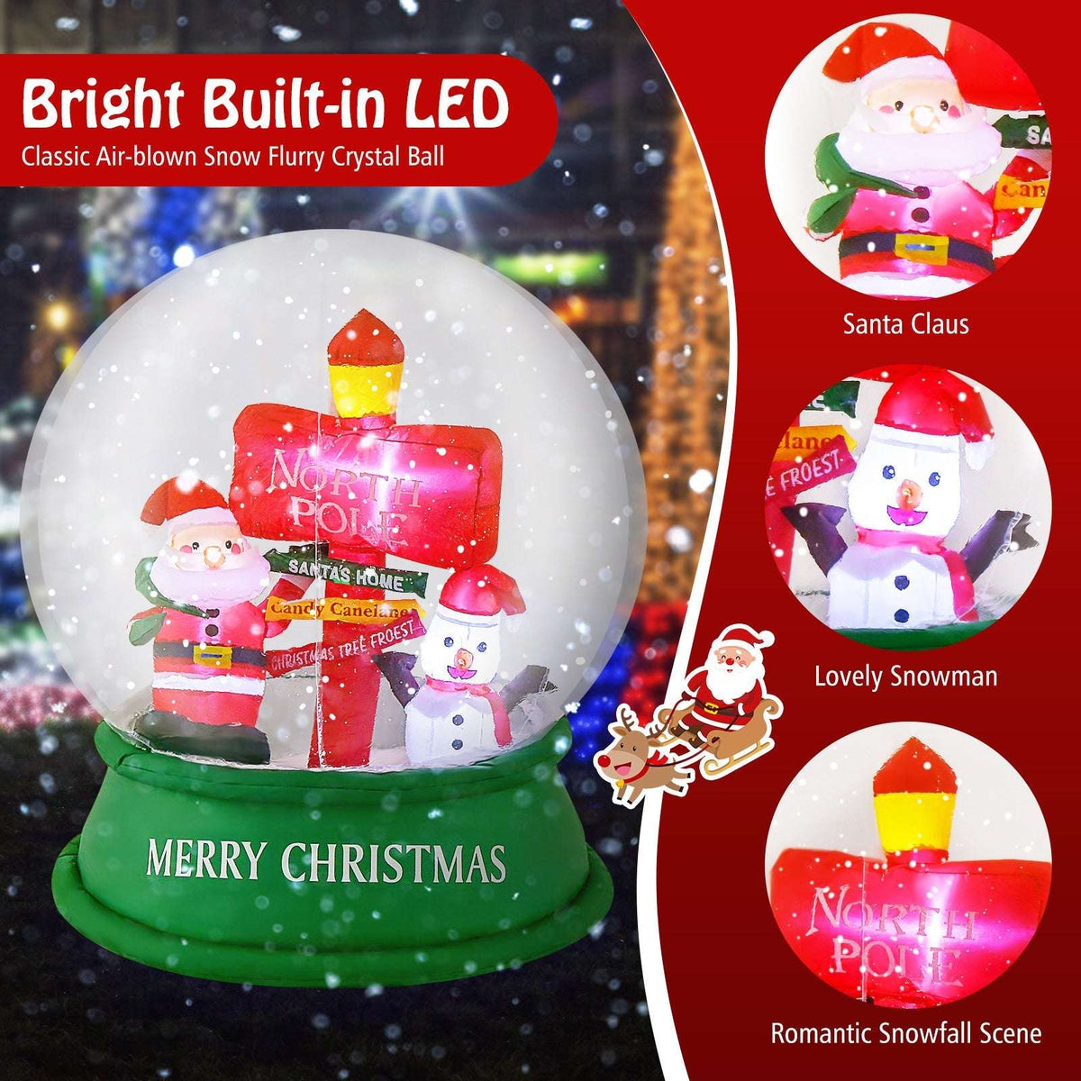 Inflatable Christmas snow globe with built-in LED lights and Santa and snowman figures