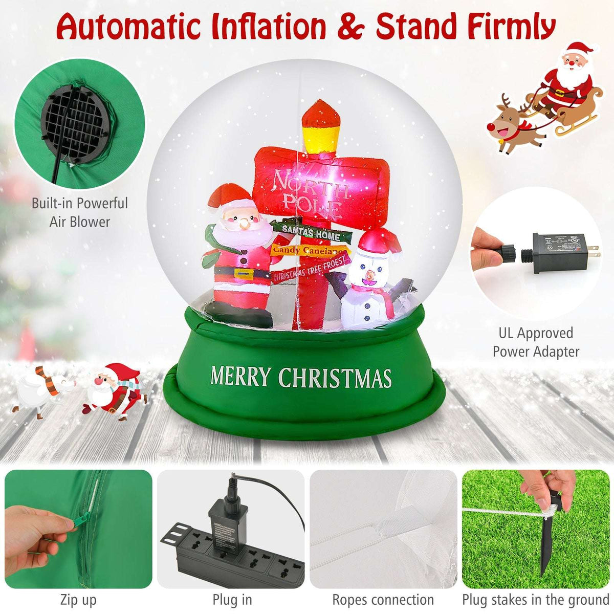 Inflatable Christmas snow globe with Santa and snowman, blower and setup details
