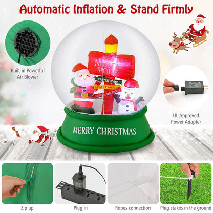 Inflatable Christmas snow globe with Santa and snowman, blower and setup details