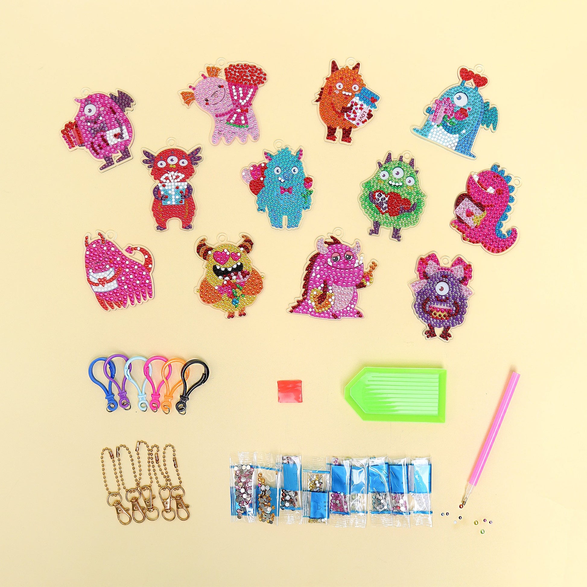 Monsters Diamond Art Keychain Kit | Set of 15 Charms for Kids & Teens - Niksstuff