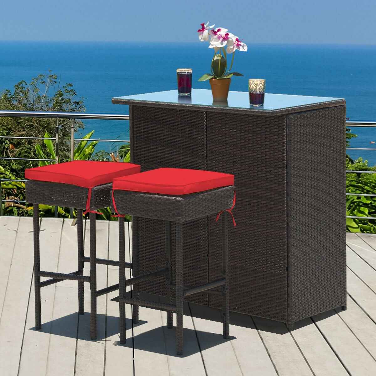 3-Piece Patio Rattan Wicker Bar Table & Stools Dining Set