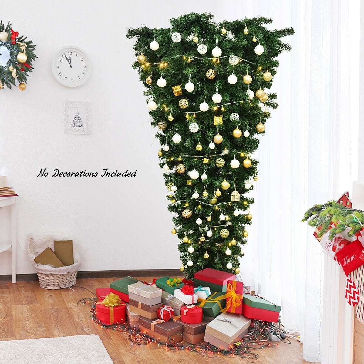 Inverted artificial Christmas tree displayed with gold and white ornaments