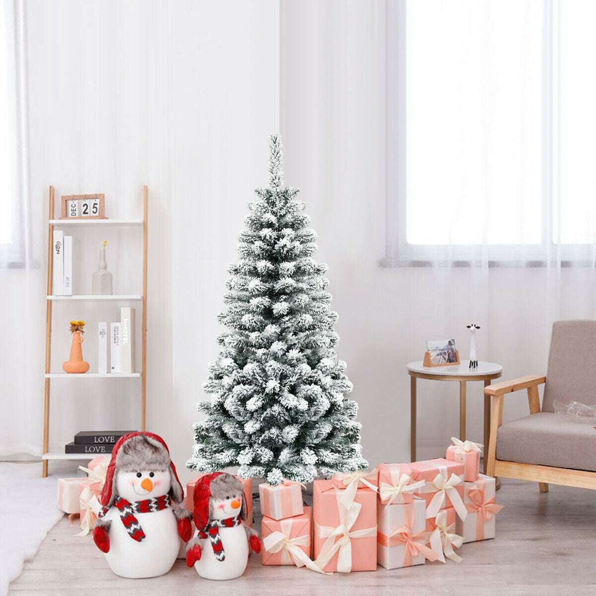 4.5-foot snow-flocked pencil Christmas tree with dense branches