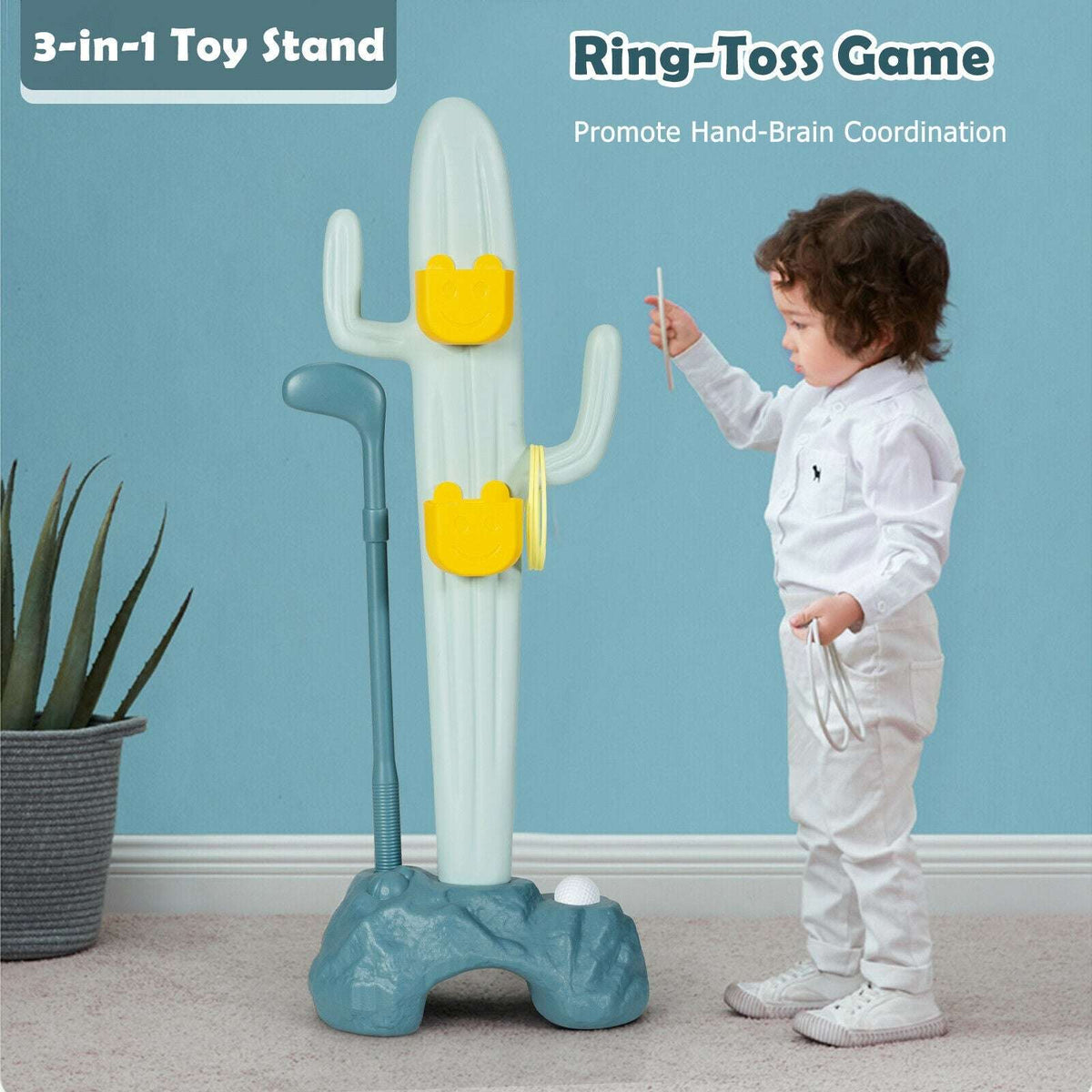 Cactus toy stand with golf club, ball, and ring-toss buckets