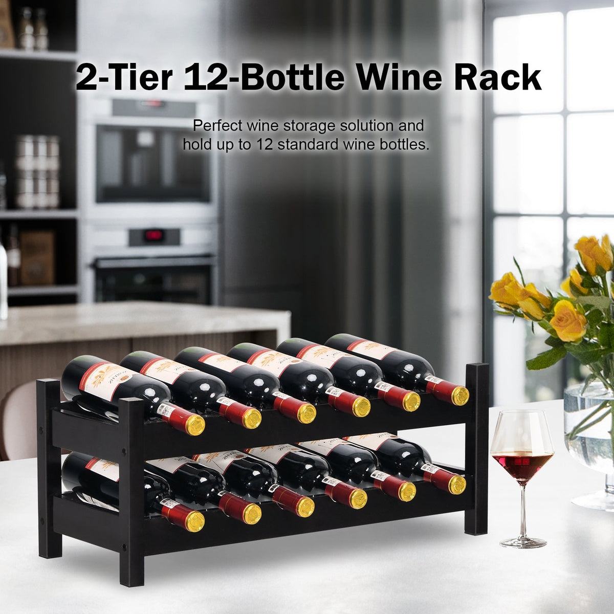 2-Tier Bamboo Wine Rack for 12 Bottles with Horizontal Storage