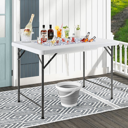 4-Foot Folding Ice Bin Table with Skirt & Quick Drain – HDPE Top, White