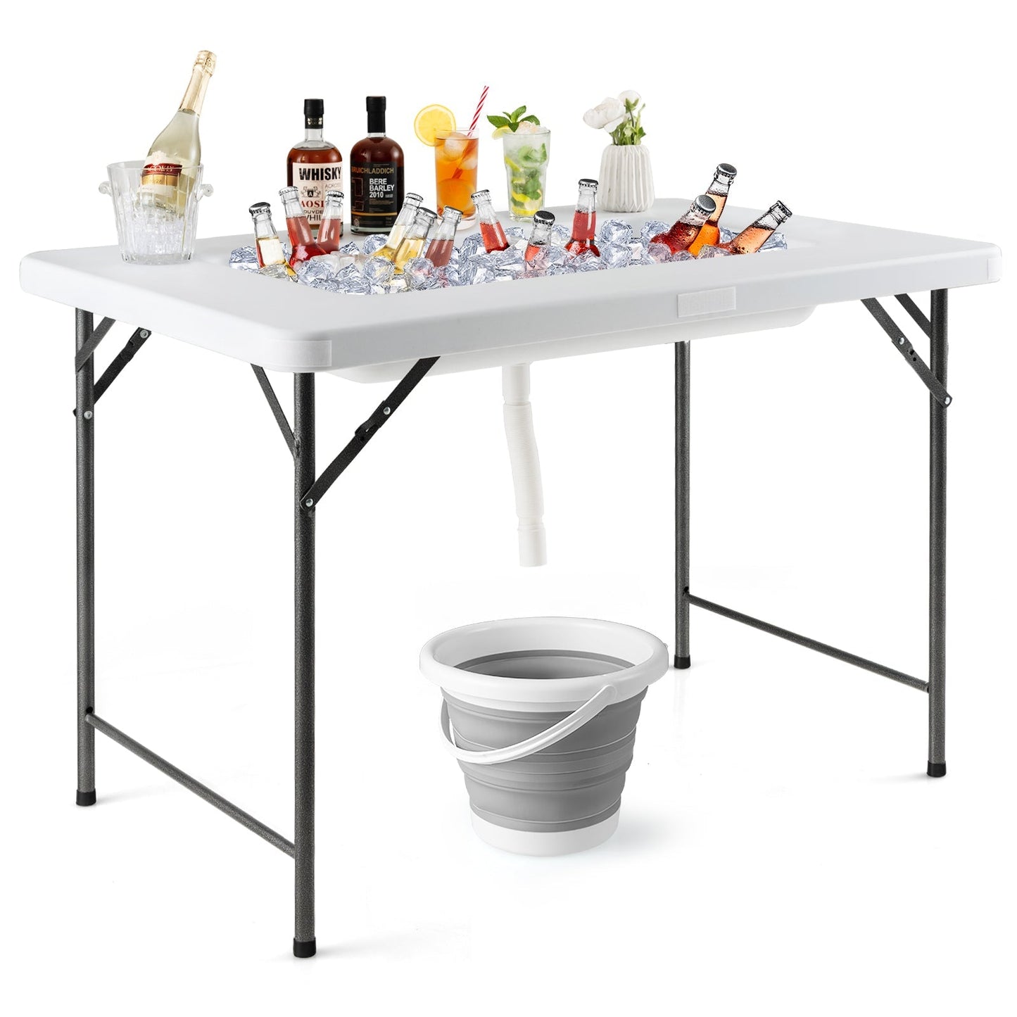 4-Foot Folding Ice Bin Table with Skirt & Quick Drain – HDPE Top, White